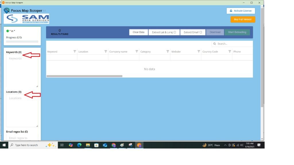 Focus Map Scraper interface